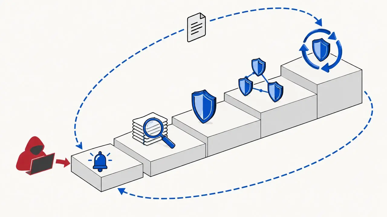 A staircase from single alerts to a SOC that learns, with each lesson looping back to the start