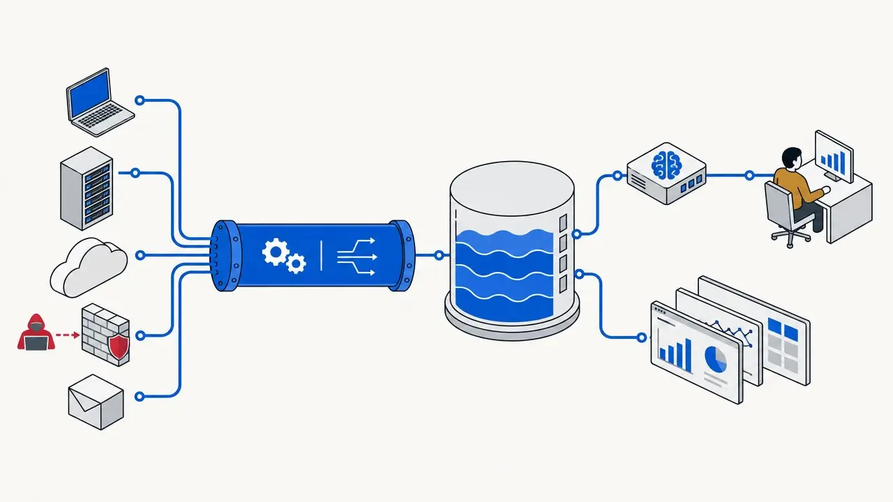 Security sources flow through one pipeline into a data lake you own, which feeds both the AI and your own analytics