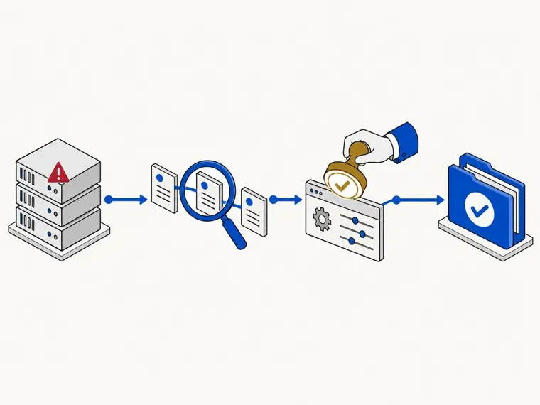 A flagged server, the records that prove what happened, an approval stamp on the fix, and a closed case folder
