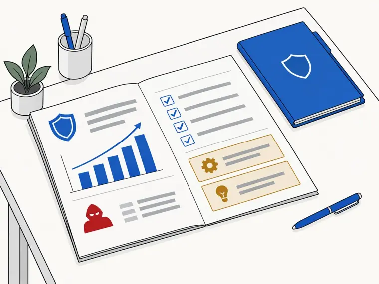 An open monthly security briefing with an upward trend, completed items and two highlighted decisions